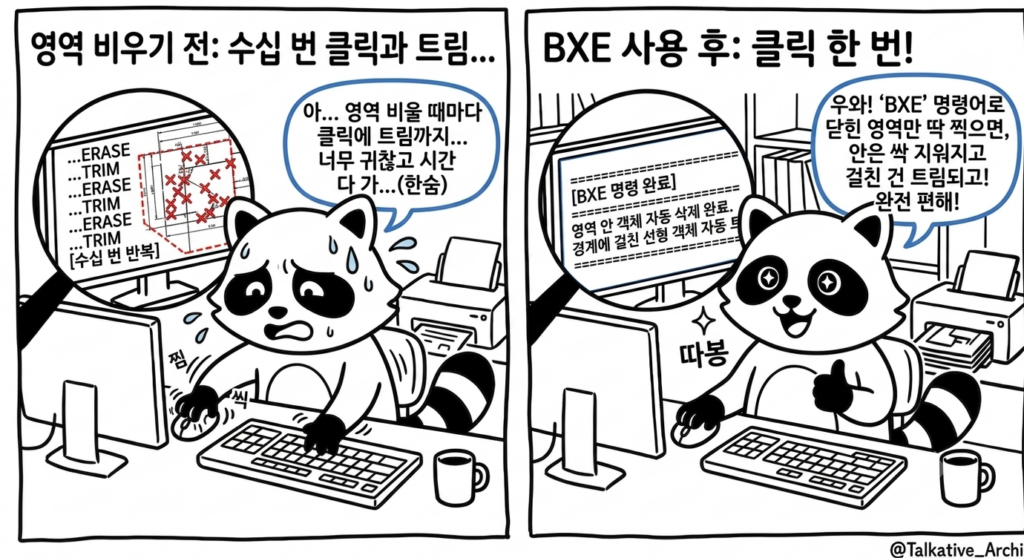 ZWCAD 영역 안 객체 삭제 비교 — 예전엔 일일이 클릭해 지우고 걸친 선은 따로 트림했지만, BXE는 닫힌 영역만 찍으면 안쪽을 한 번에 삭제한다