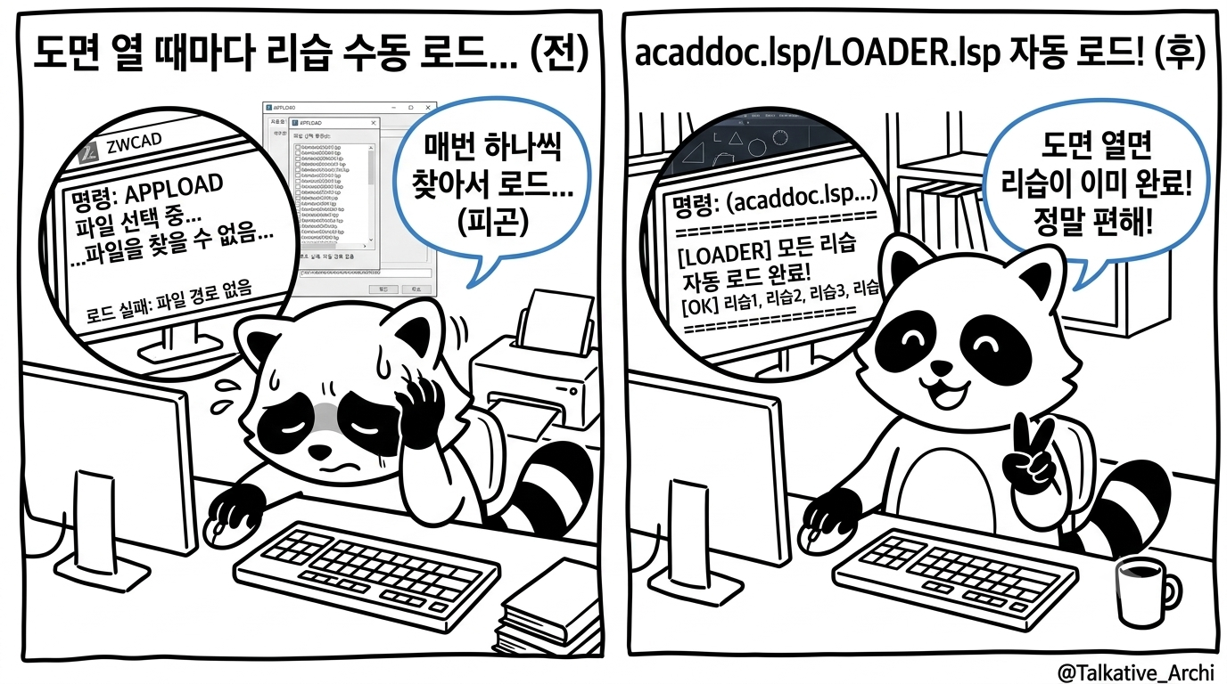 acaddoc.lsp와 LOADER.lsp로 도면 열 때 ZWCAD 리습 자동 로드