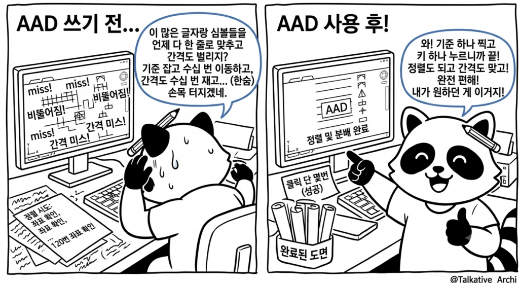 ZWCAD 객체 정렬 전후 비교 — 하나씩 끌어 맞추던 작업을 AAD로 기준 찍고 한 번에 정렬·등간격 분배