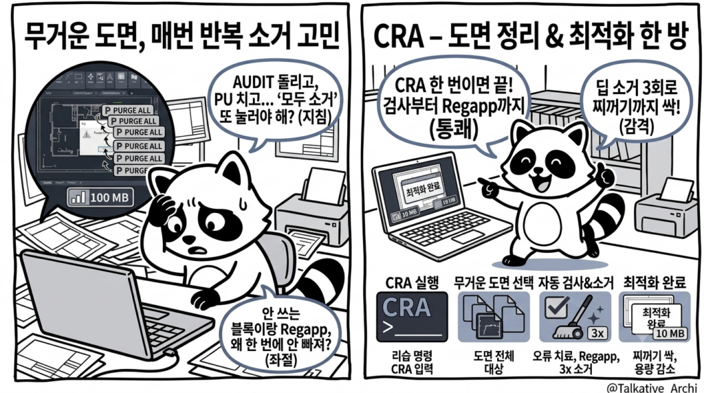 캐드 도면 용량 줄이기 — PURGE 모두 소거 반복을 cra 한 번으로