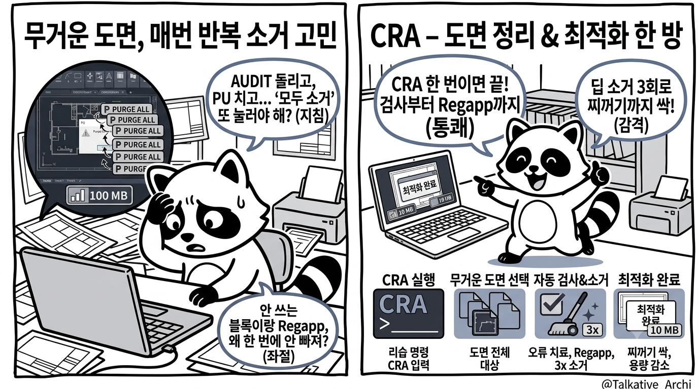 캐드 도면 용량 줄이기 — PURGE 모두 소거 반복을 cra 한 번으로