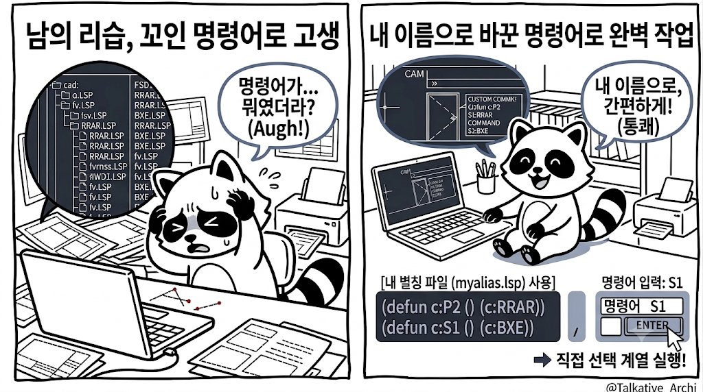 리습 명령어 바꾸기 전후 비교 — 남의 약자를 외우던 모습과 내 별칭으로 손에 붙인 모습