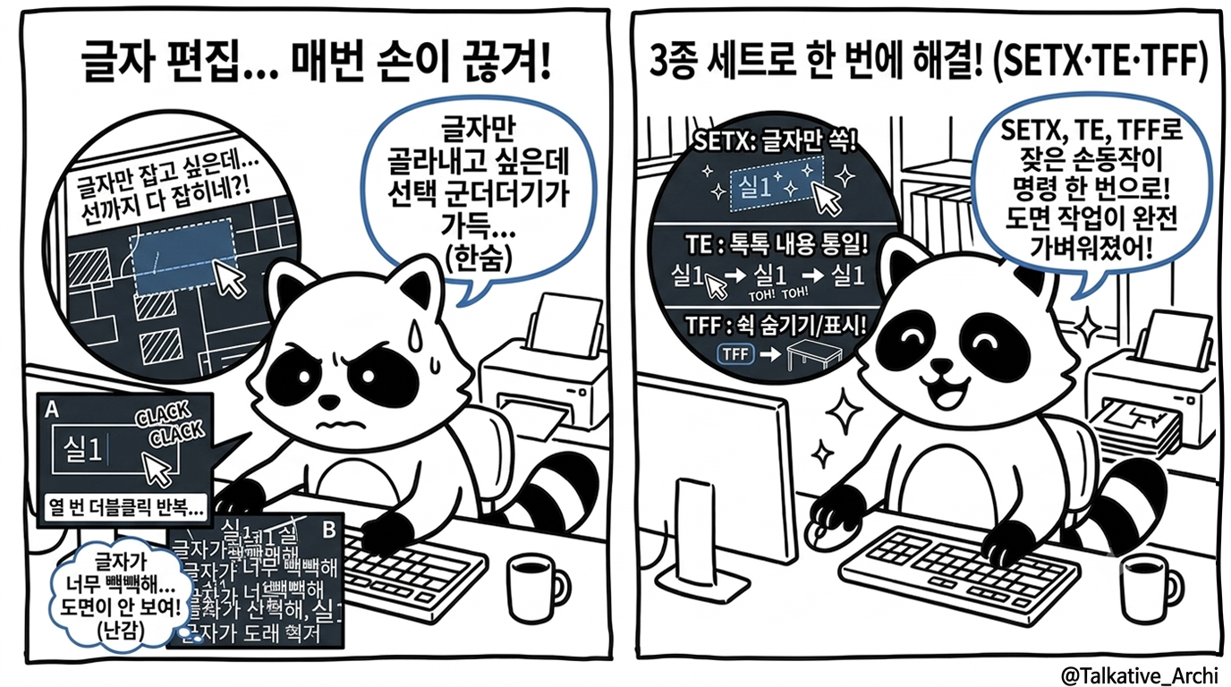 ZWCAD 텍스트 정리 도구 SETX TE TFF 사용 전후 비교 — 글자만 선택·동일화·숨기기