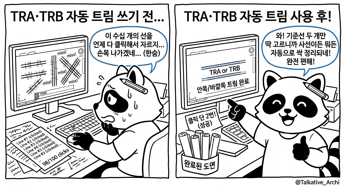 선마다 일일이 선택해서 지워야 했던 과거의 트림 말고, 두 선만 선택하면 사이의 모든 선분 지워주는 리습.
