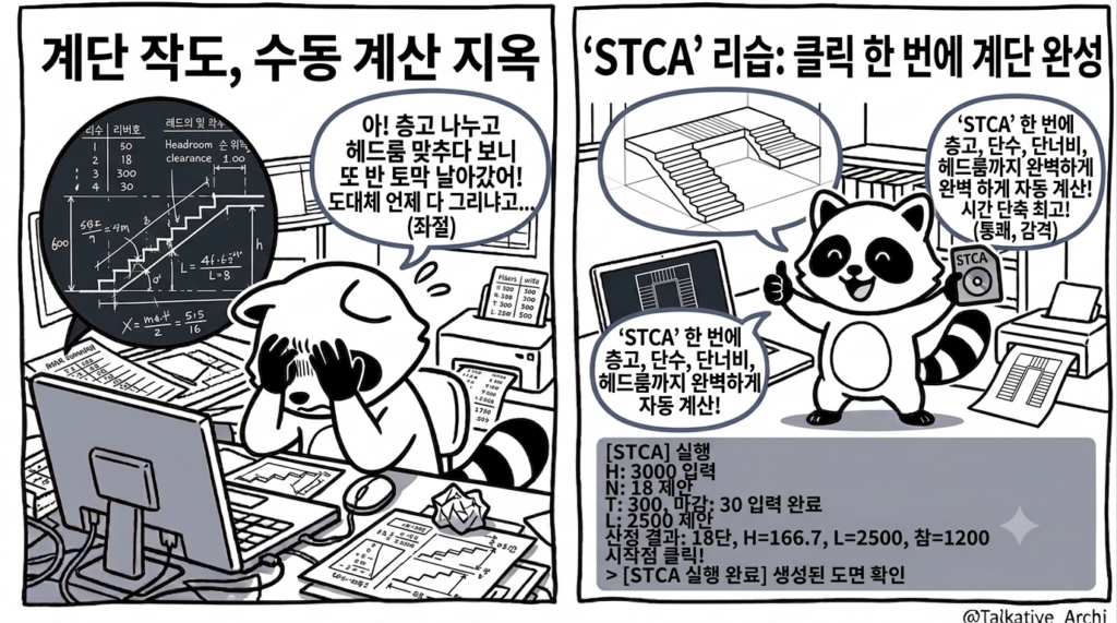 계단 자동 작도 전후 비교 - 손 계산 삼십 분에서 시작점 클릭 한 번으로 (ZWCAD STCA 리습)