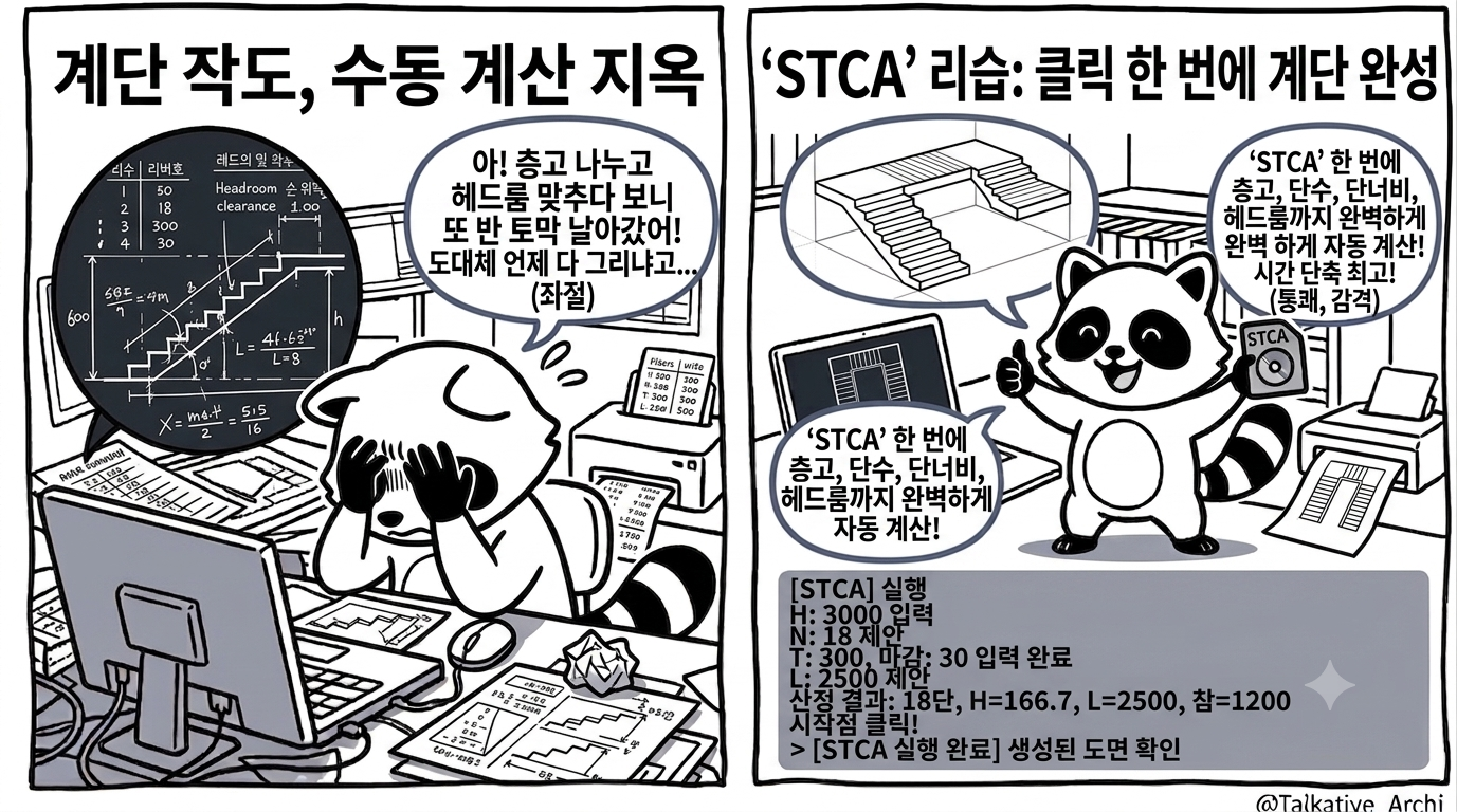계단 자동 작도 전후 비교 - 손 계산 삼십 분에서 시작점 클릭 한 번으로 (ZWCAD STCA 리습)