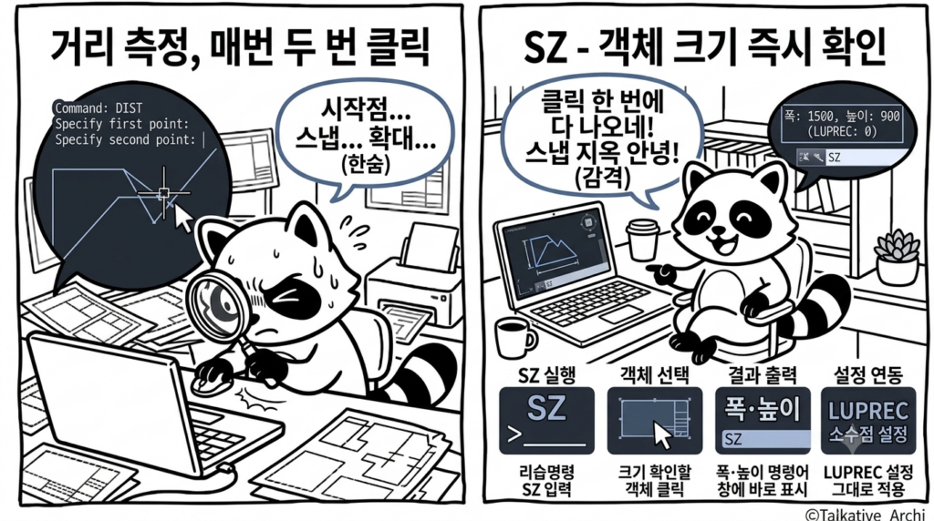 캐드 객체 크기 확인 전후 비교 — 클릭 두 번 대신 객체 선택 한 번으로 폭·높이 확인하는 SZ