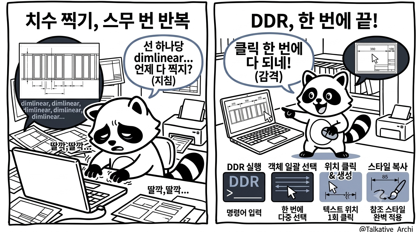 치수선 한번에 그리기 전후 비교 — 여러 선 골라 다중 치수 자동 생성하는 ZWCAD 리습 DDR
