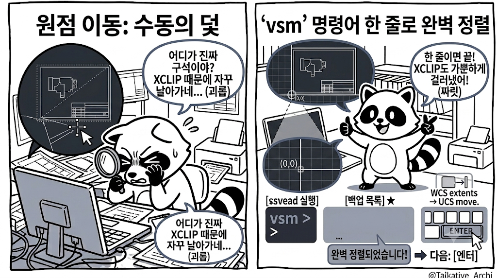ZWCAD 캐드 원점 이동 비포 애프터 — 원점에서 떨어져 있던 도면 좌하단이 0,0에 정렬된 모습