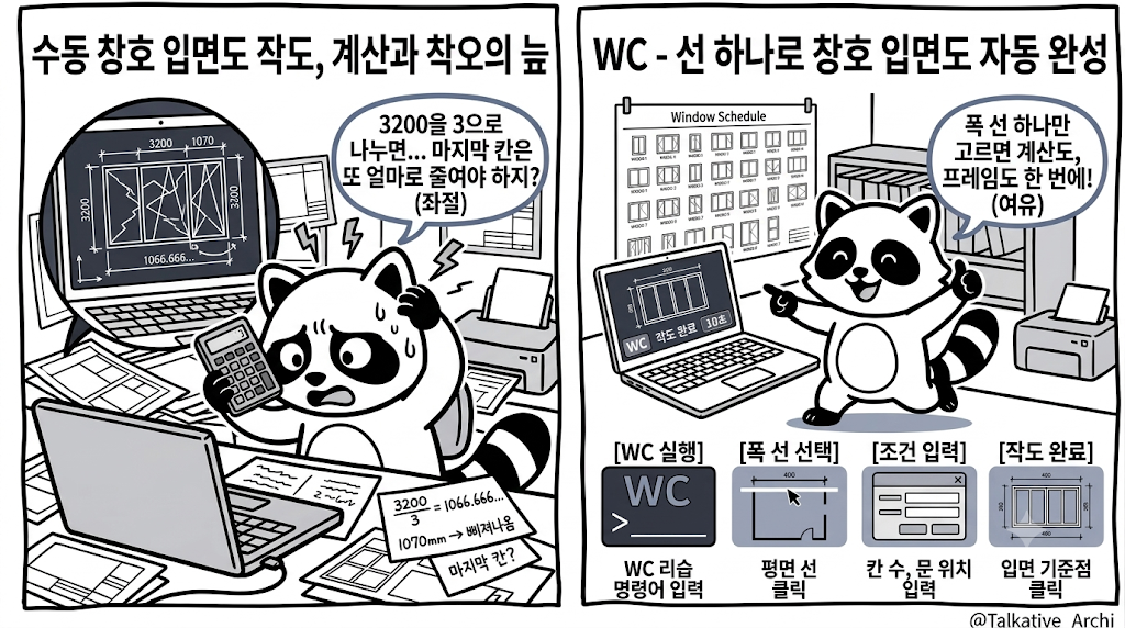 캐드 창호일람표 입면을 손으로 계산해 그리던 방식과 리습으로 한 번에 자동 작도한 결과 비교