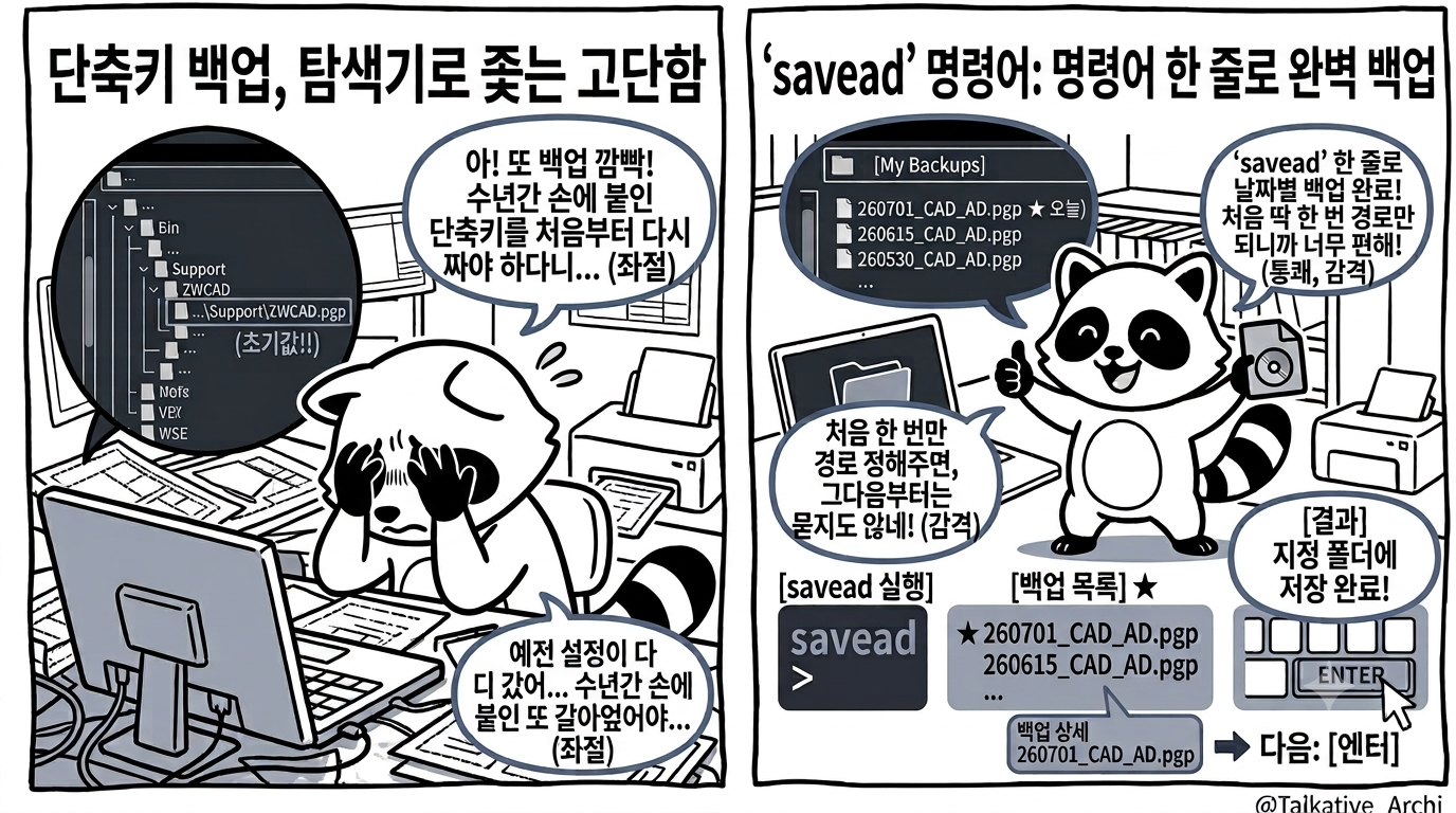 캐드 단축키 백업 전후 비교 — 예전엔 PGP 파일을 직접 복사, 이제 SAVEAD 명령어 한 줄