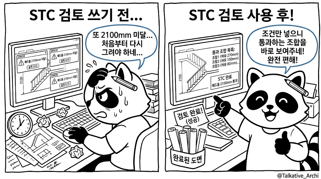 계단 헤드룸 검토 전후 비교 - 단면을 다 그린 뒤 확인하던 것에서 통과 조합만 먼저 보는 방식으로 (ZWCAD STC 리습)