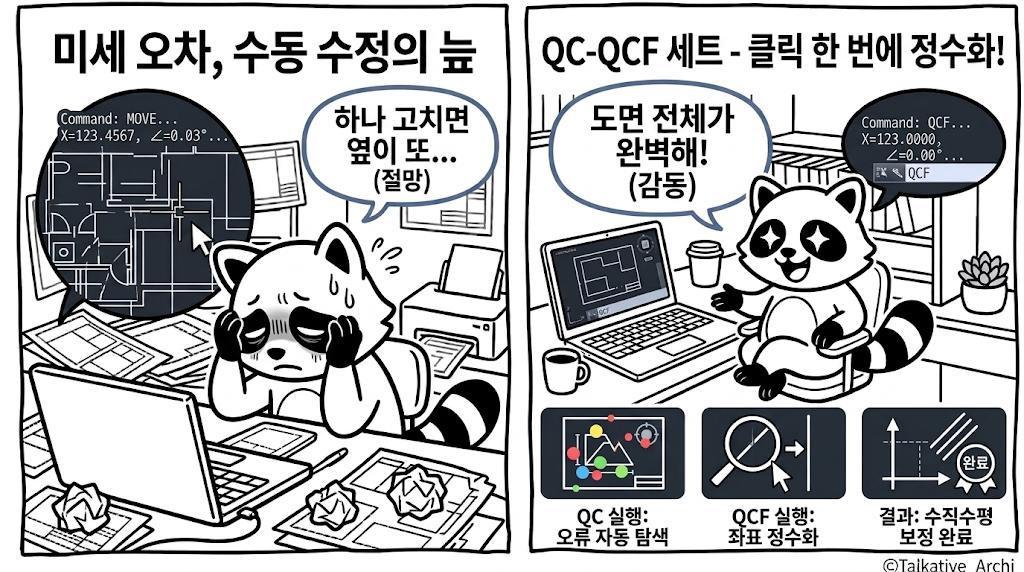 캐드 도면 정리 전후 비교 — 소수점 좌표와 미세 사선이 정수·직교로 보정된 ZWCAD 도면