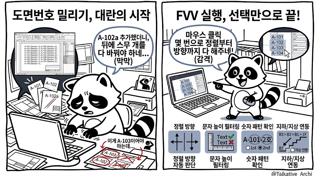 도면번호 자동 증감 전후 비교 — ZWCAD 리습 FVV